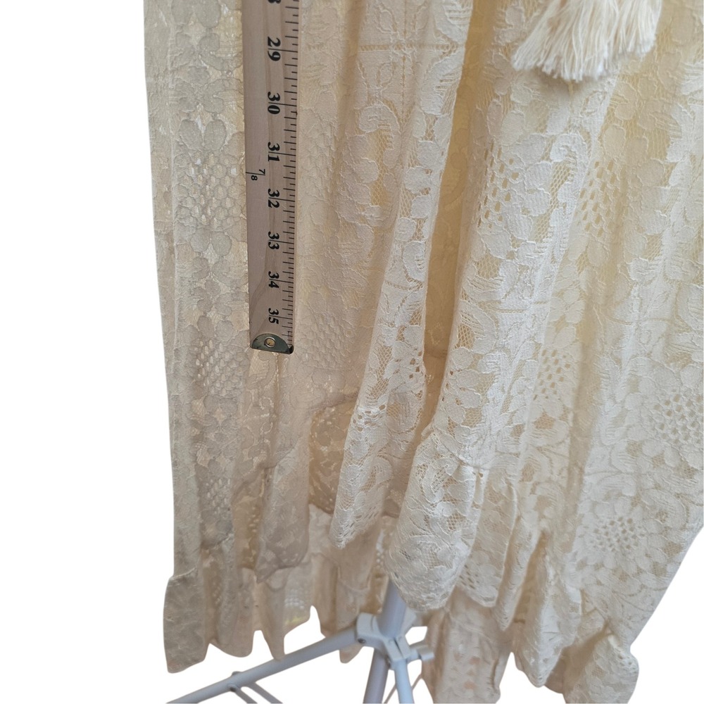 Vince Otto Ivory Lace Crochet Maxi Dress Smocked Back Tassel Tie Hi Low L/XL - Picture 6 of 13
